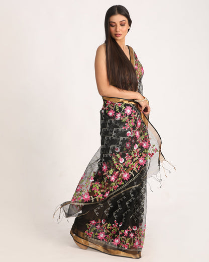 Women's Black Art Silk Muslin Handloom Embroidery Saree