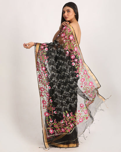 Women's Black Art Silk Muslin Handloom Embroidery Saree