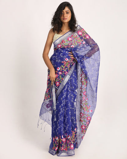 Women's Royel Blue Art Silk Muslin Handloom Embroidery Saree