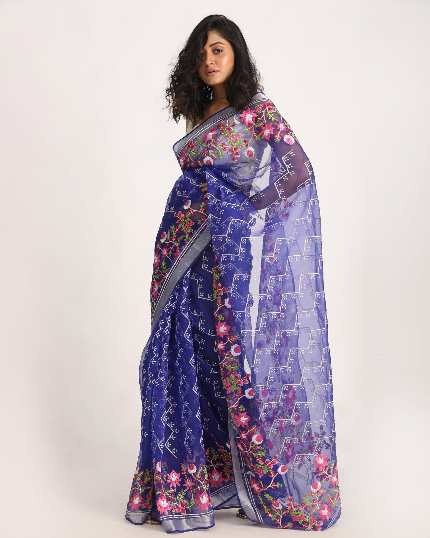 Women's Royel Blue Art Silk Muslin Handloom Embroidery Saree