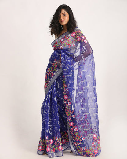 Women's Royel Blue Art Silk Muslin Handloom Embroidery Saree