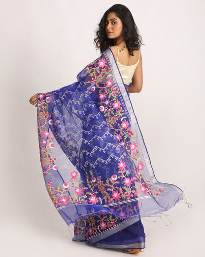 Women's Royel Blue Art Silk Muslin Handloom Embroidery Saree