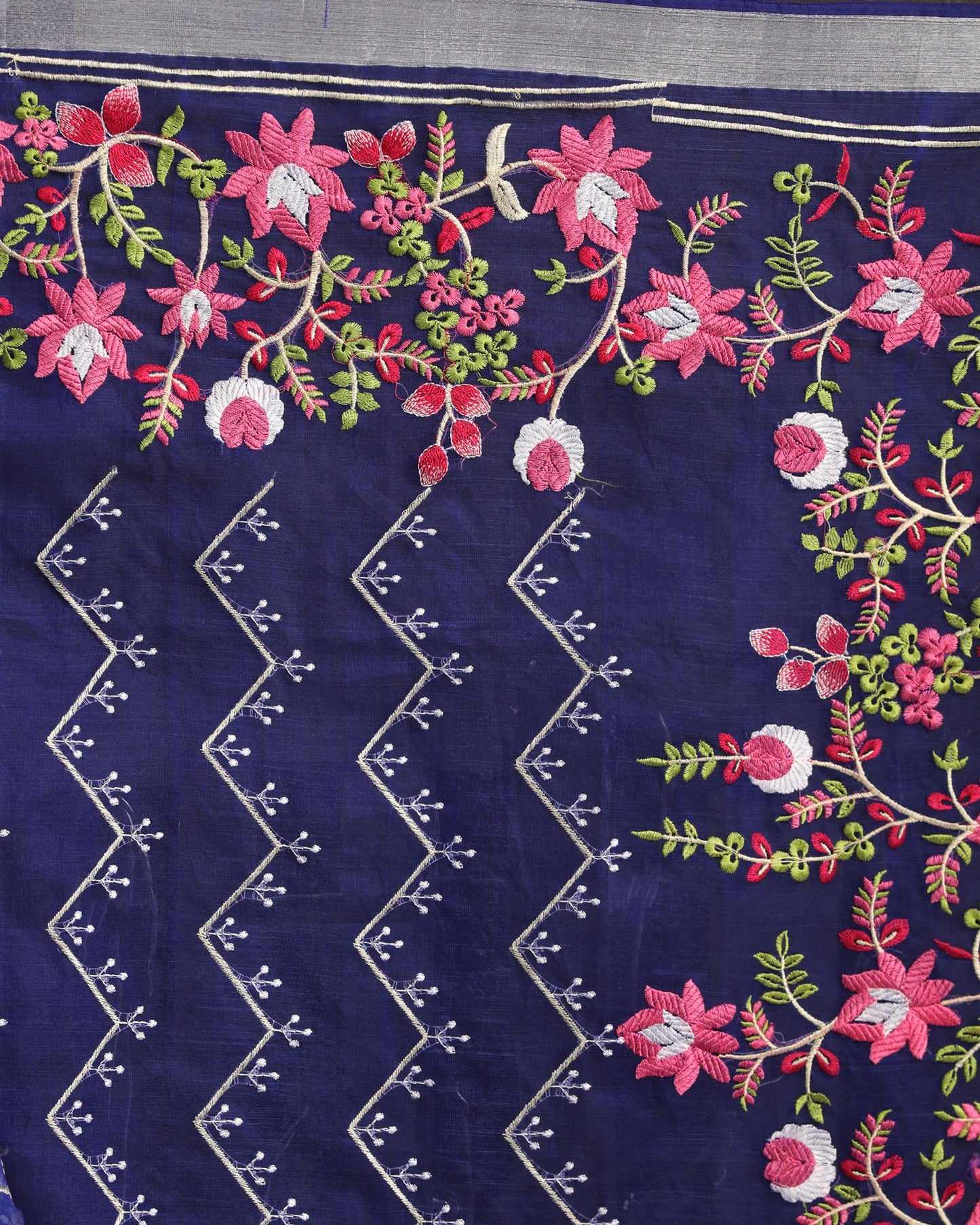 Women's Royel Blue Art Silk Muslin Handloom Embroidery Saree