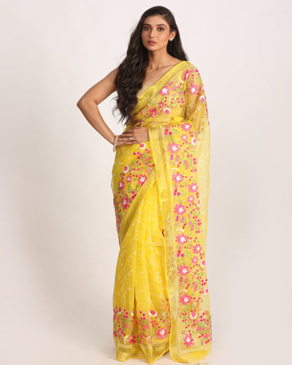 Women's Yellow Art Silk Muslin Handloom Embroidery Saree