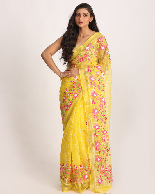 Women's Yellow Art Silk Muslin Handloom Embroidery Saree