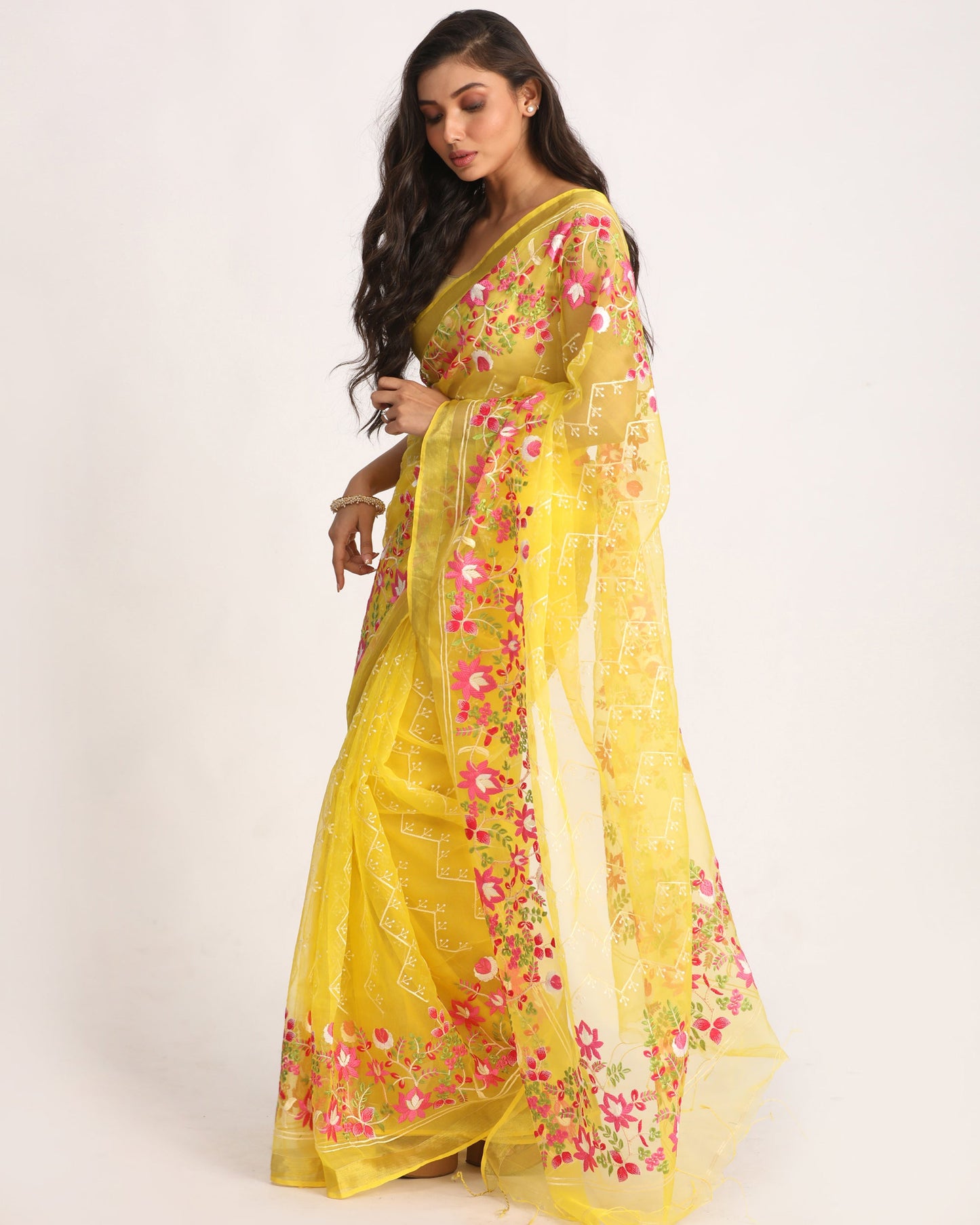 Women's Yellow Art Silk Muslin Handloom Embroidery Saree