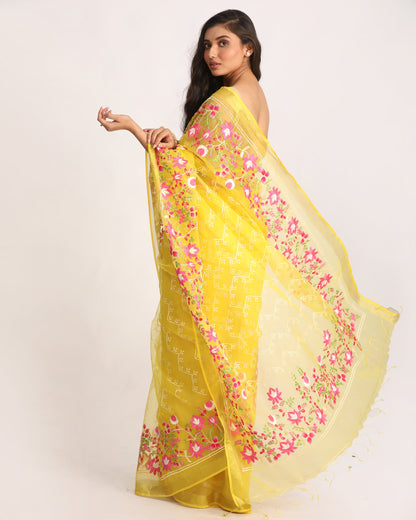 Women's Yellow Art Silk Muslin Handloom Embroidery Saree