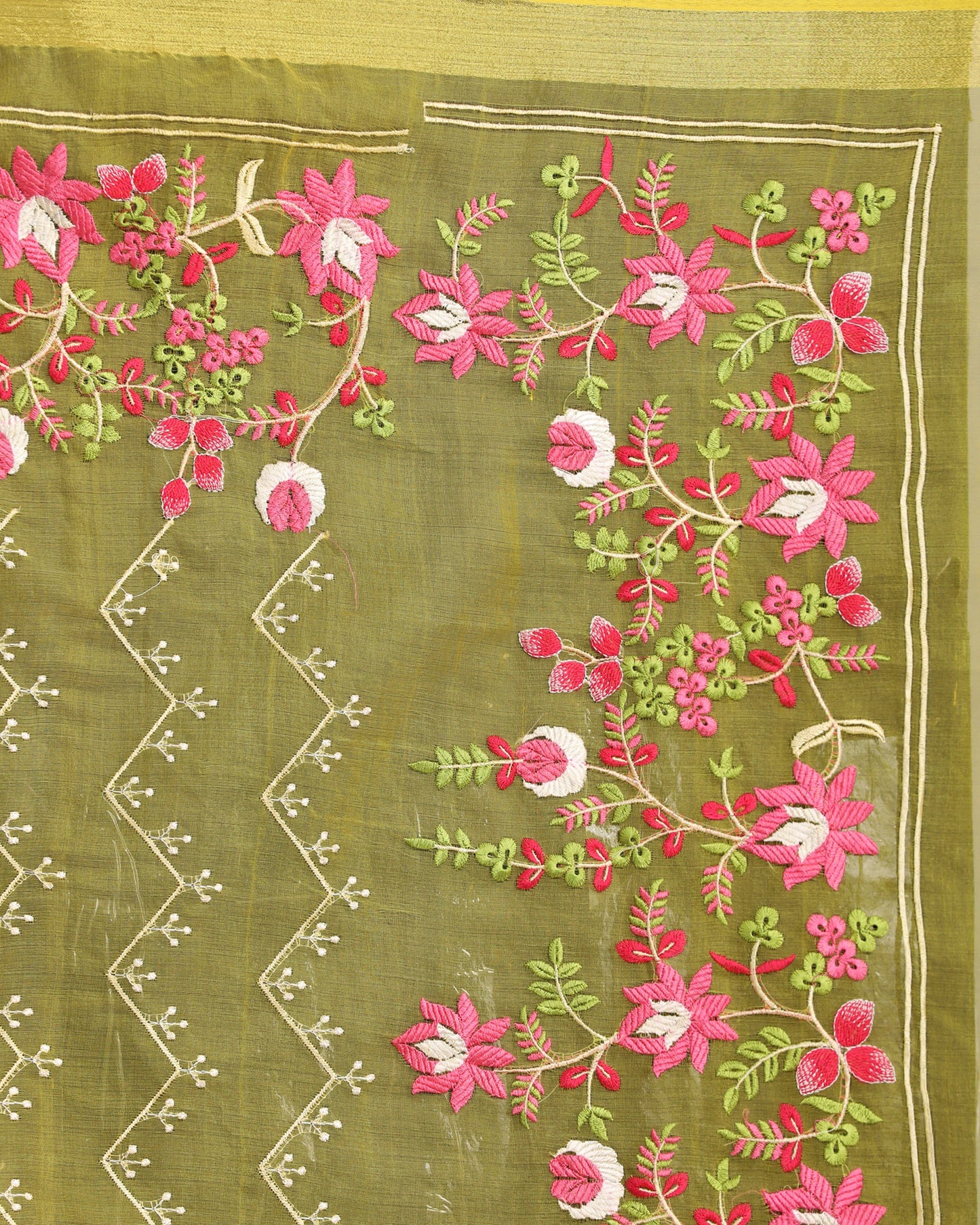 Women's Yellow Art Silk Muslin Handloom Embroidery Saree