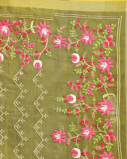 Women's Yellow Art Silk Muslin Handloom Embroidery Saree