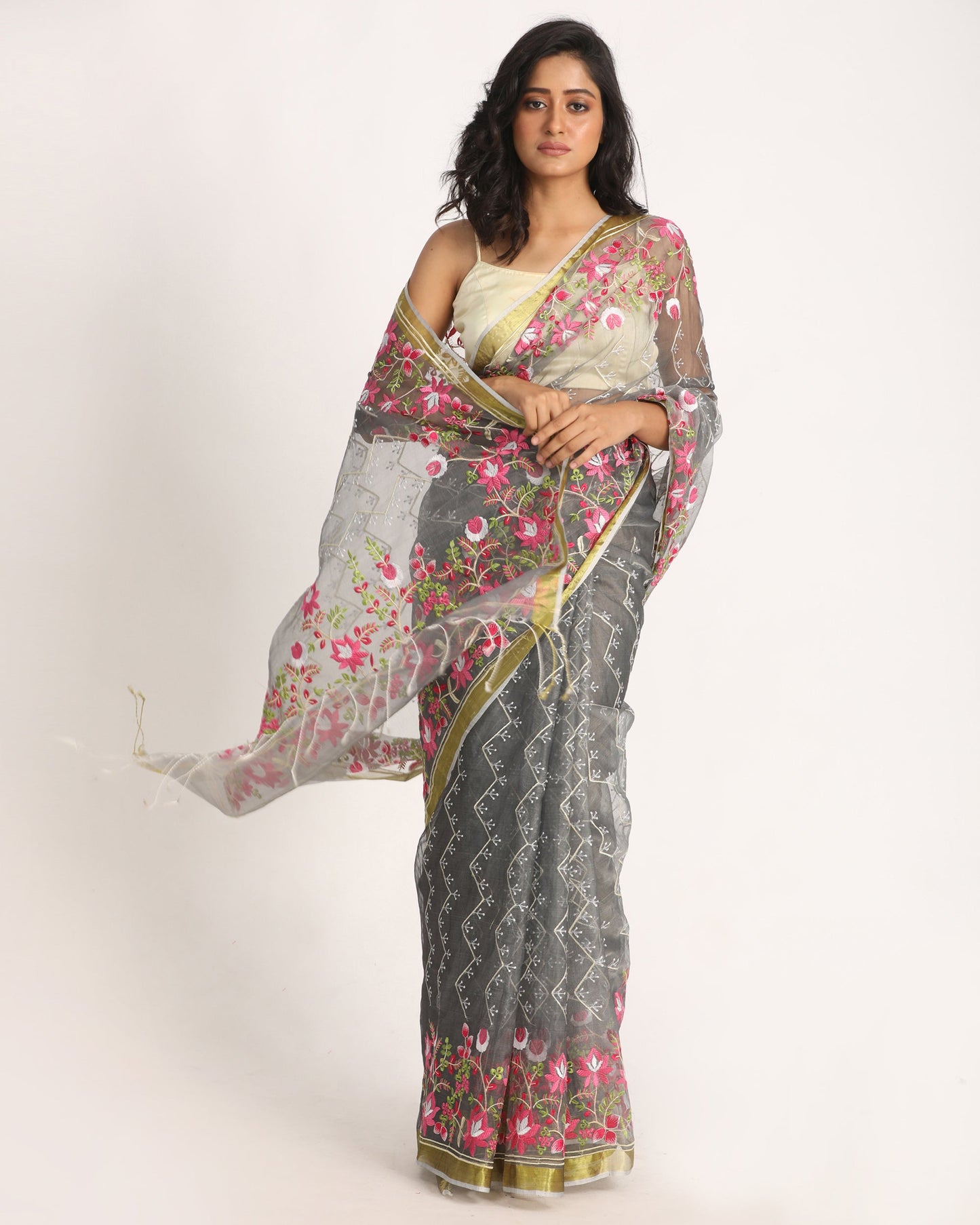 Women's Grey Art Silk Muslin Handloom Embroidery Saree