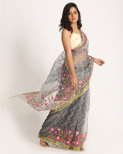 Women's Grey Art Silk Muslin Handloom Embroidery Saree