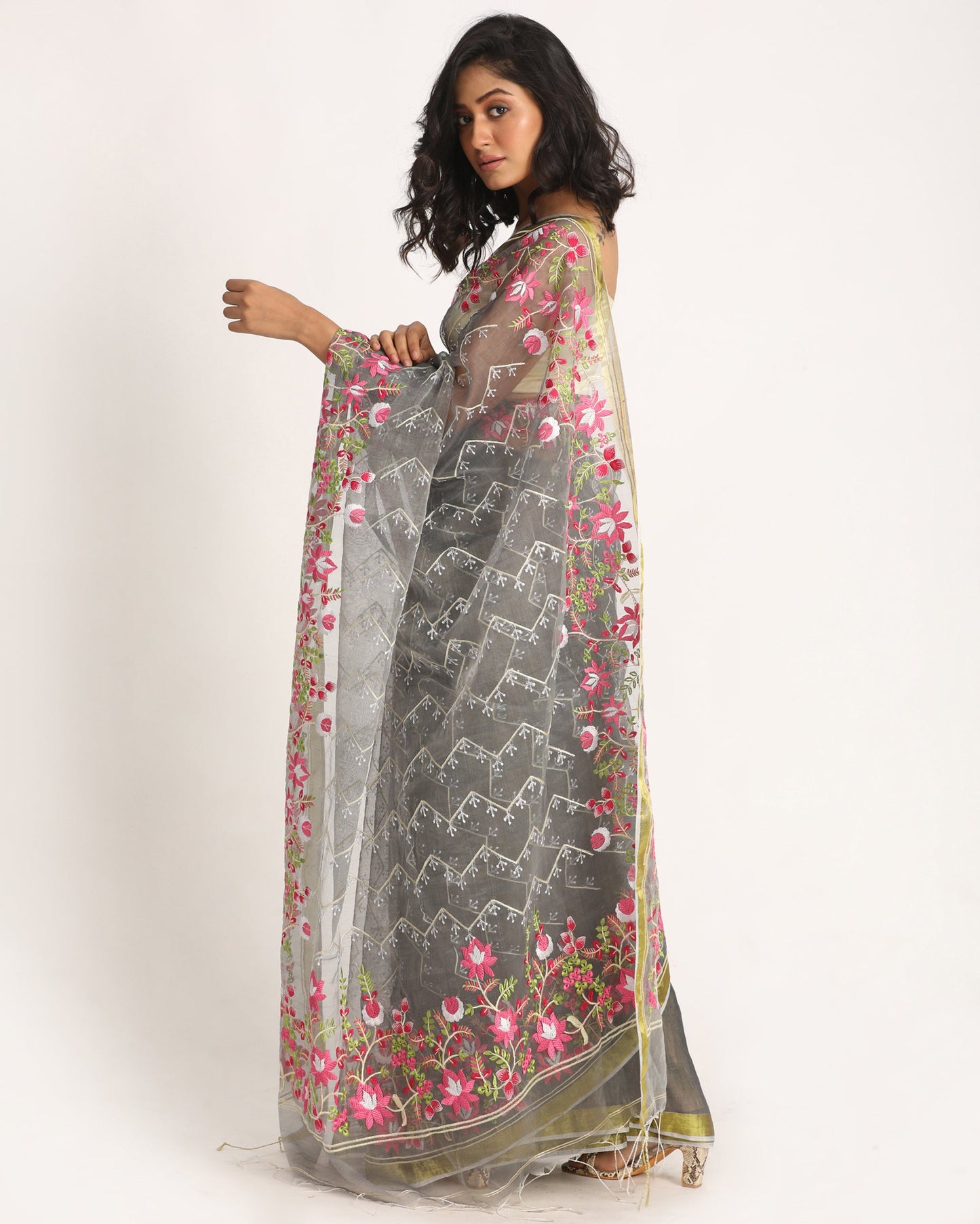 Women's Grey Art Silk Muslin Handloom Embroidery Saree