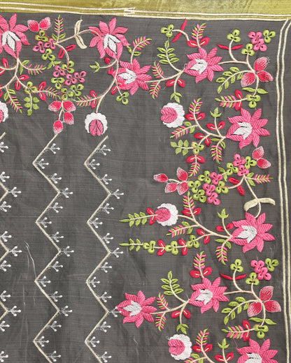 Women's Grey Art Silk Muslin Handloom Embroidery Saree