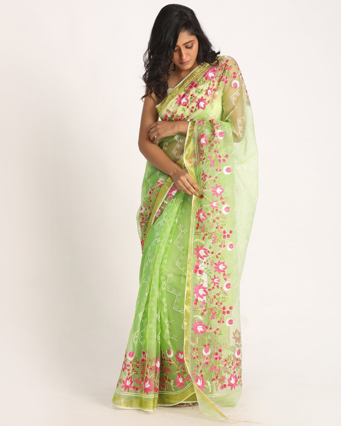 Women's Green Art Silk Muslin Handloom Embroidery Saree