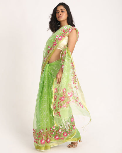 Women's Green Art Silk Muslin Handloom Embroidery Saree