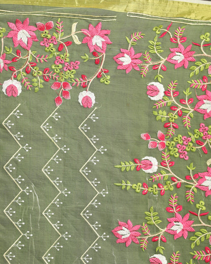 Women's Green Art Silk Muslin Handloom Embroidery Saree
