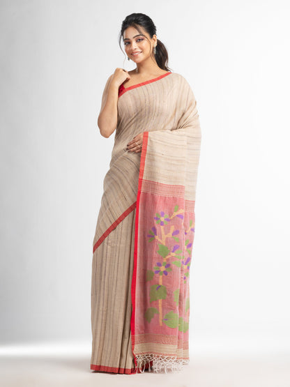 Women's Ghicha red pallu with hand jamdani in red border handwoven cotton ghicha saree