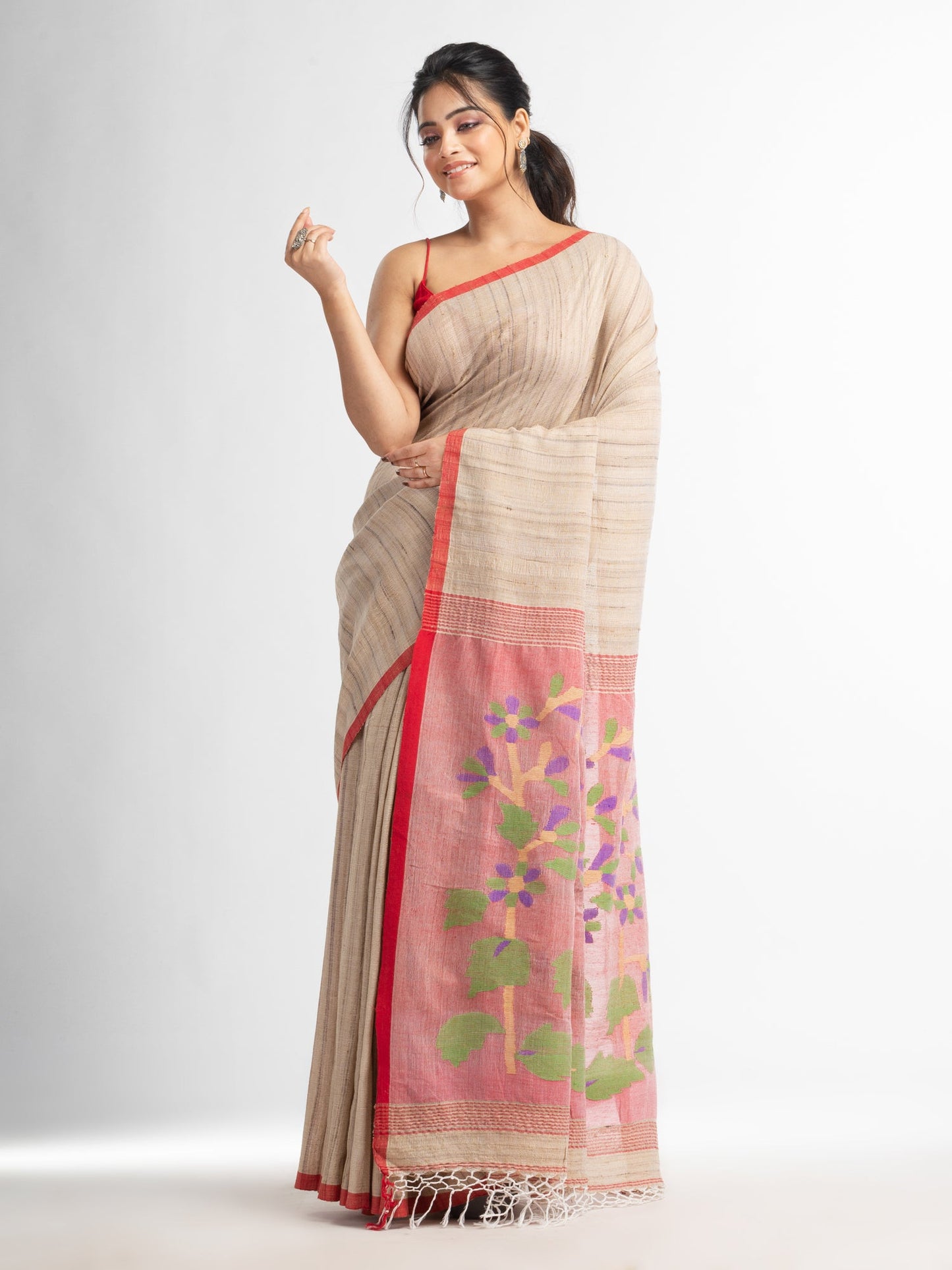 Women's Ghicha red pallu with hand jamdani in red border handwoven cotton ghicha saree