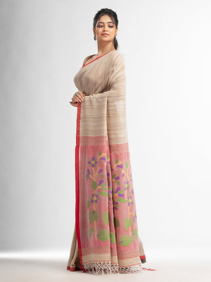 Women's Ghicha red pallu with hand jamdani in red border handwoven cotton ghicha saree