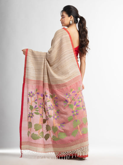 Women's Ghicha red pallu with hand jamdani in red border handwoven cotton ghicha saree