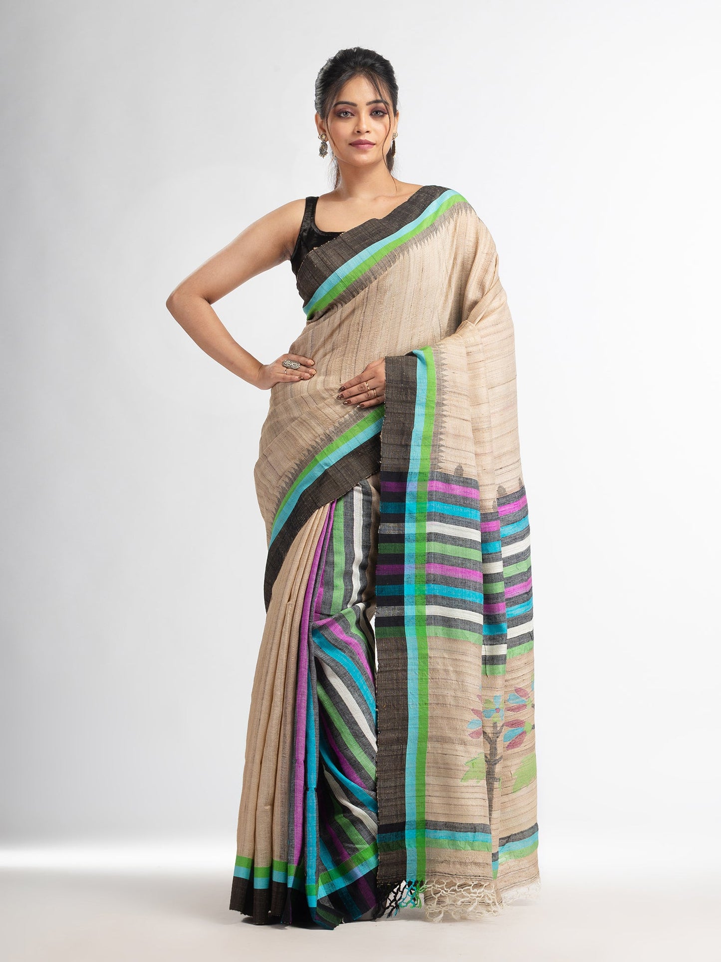 Women's Ghicha multi colour kochi with jamdani pallu in temple border cotton ghicha handwoven saree