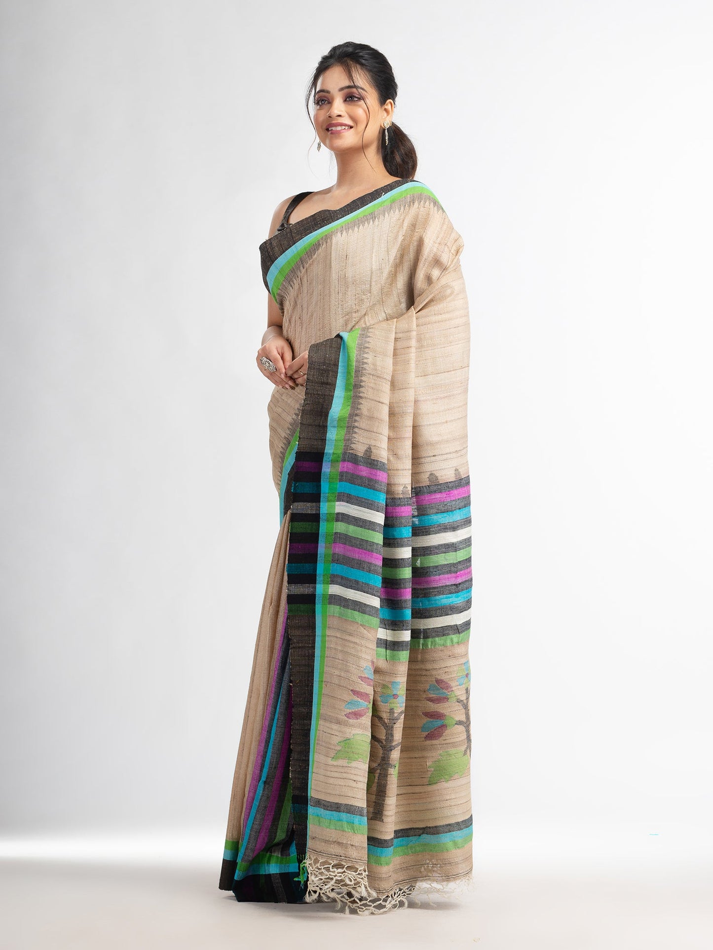 Women's Ghicha multi colour kochi with jamdani pallu in temple border cotton ghicha handwoven saree