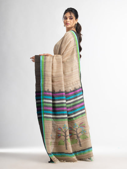 Women's Ghicha multi colour kochi with jamdani pallu in temple border cotton ghicha handwoven saree