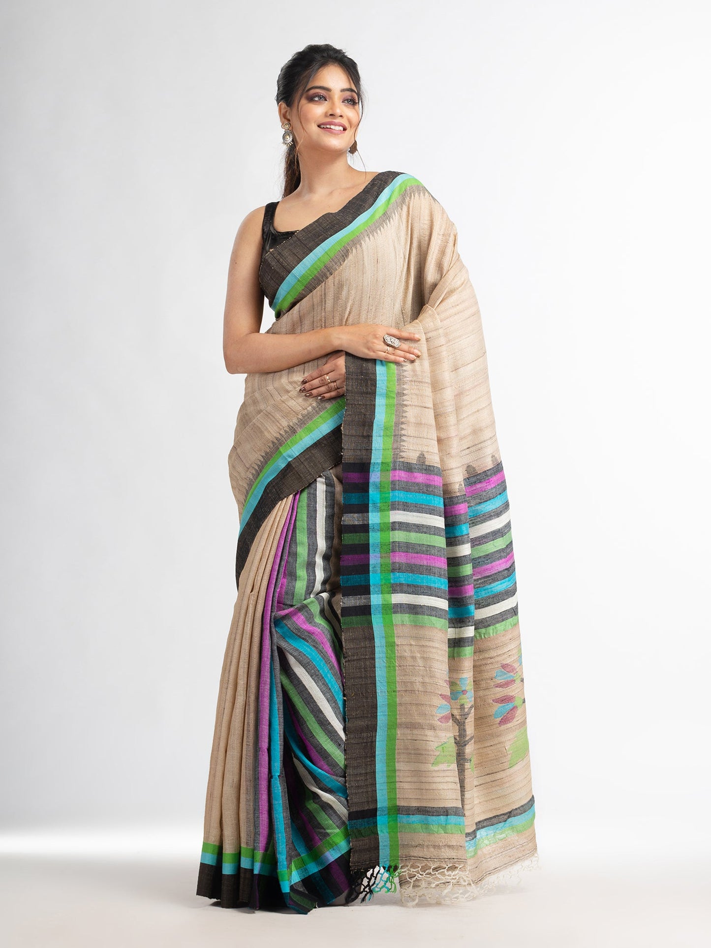 Women's Ghicha multi colour kochi with jamdani pallu in temple border cotton ghicha handwoven saree