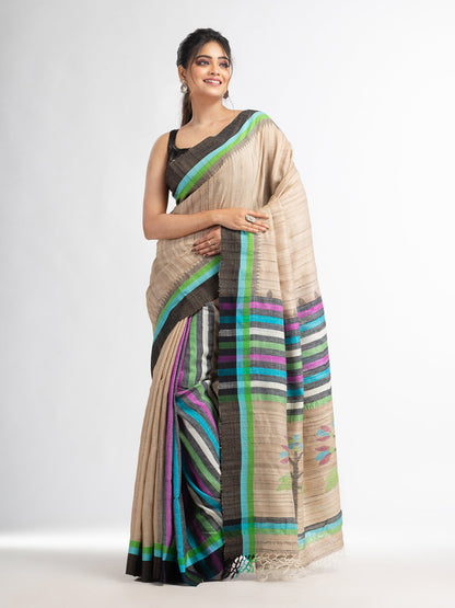 Women's Ghicha multi colour kochi with jamdani pallu in temple border cotton ghicha handwoven saree