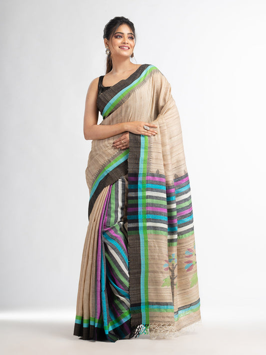 Women's Ghicha multi colour kochi with jamdani pallu in temple border cotton ghicha handwoven saree