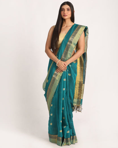 Women's Teal Traditional Handloom Cotton Silk Jamdani Saree