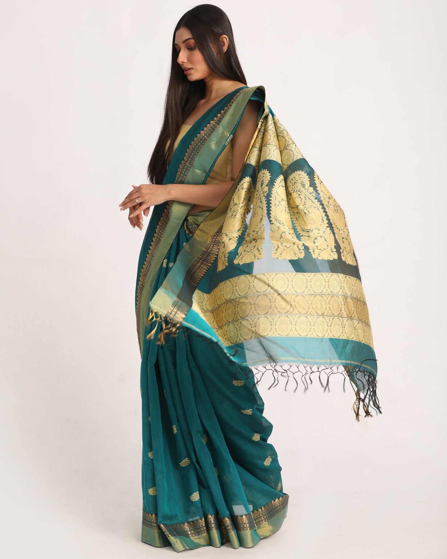 Women's Teal Traditional Handloom Cotton Silk Jamdani Saree