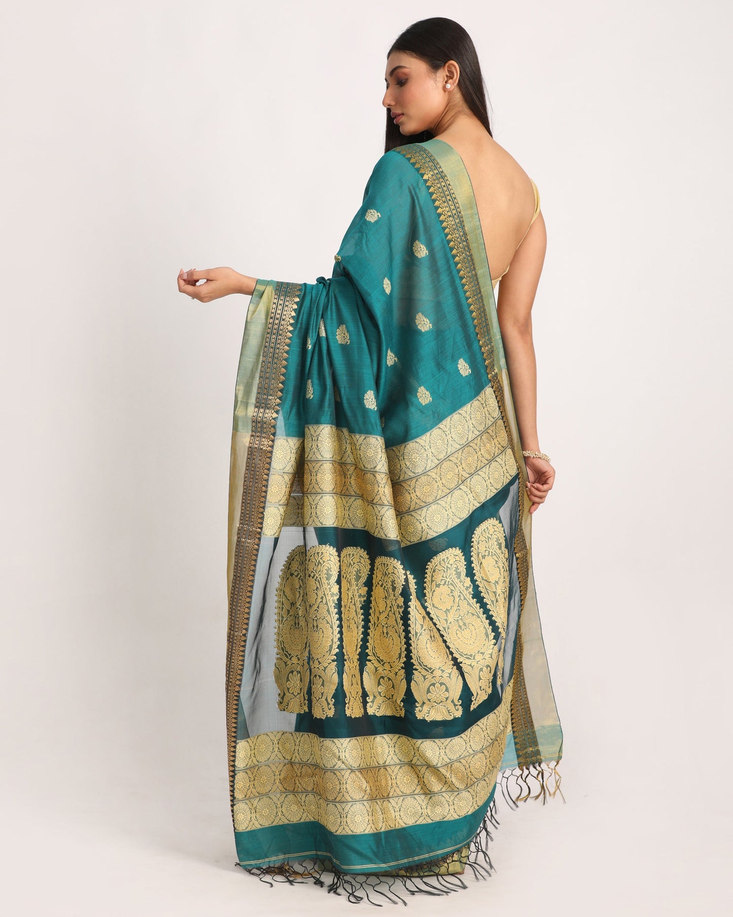 Women's Teal Traditional Handloom Cotton Silk Jamdani Saree