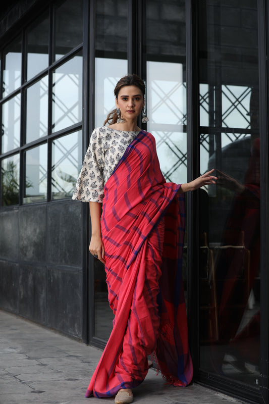 Women's Pink handwoven linen saree