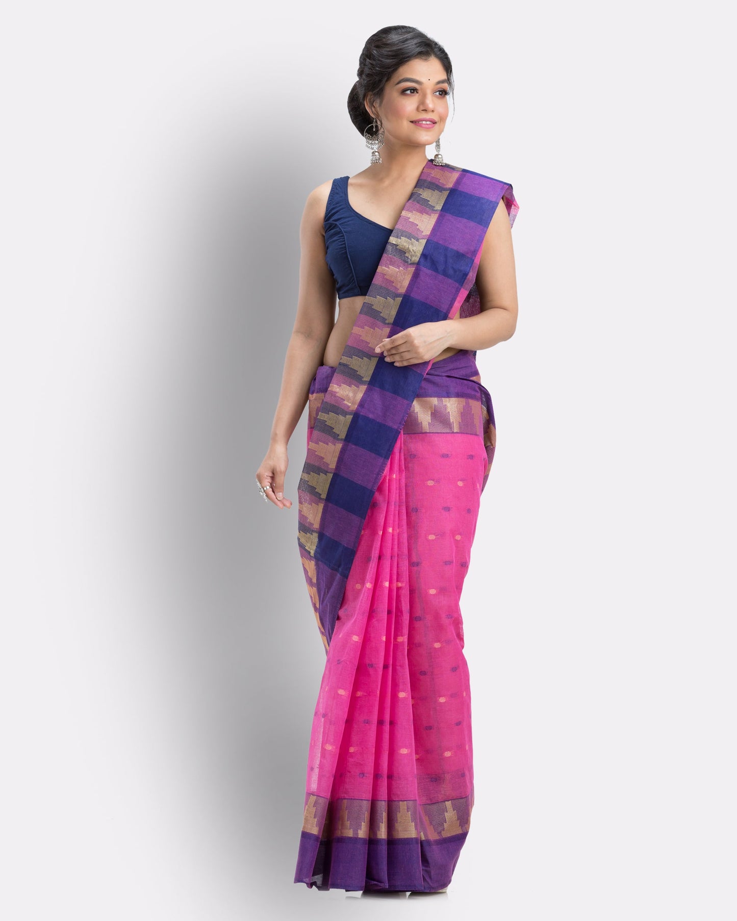Women's Self Temple Design Pinktant Cotton Saree