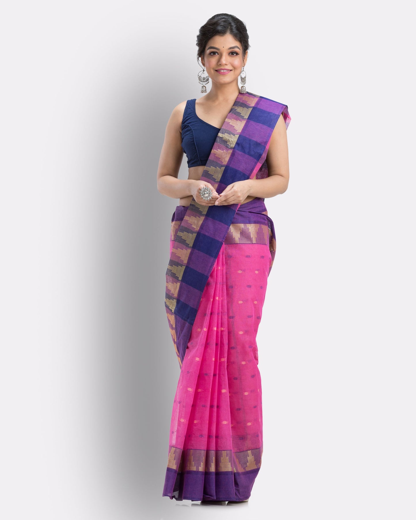 Women's Self Temple Design Pinktant Cotton Saree