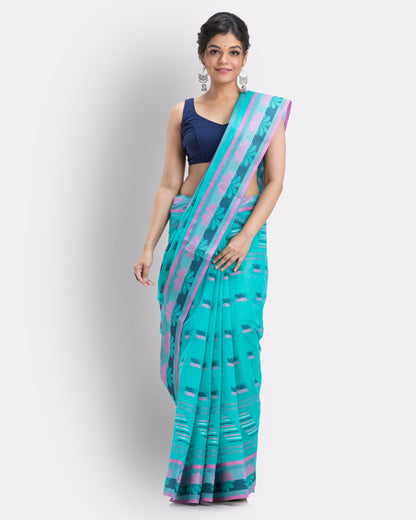 Women's Handwoven, Self Design Tant Cotton Saree (Turquoise)