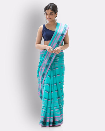 Women's Handwoven, Self Design Tant Cotton Saree (Turquoise)