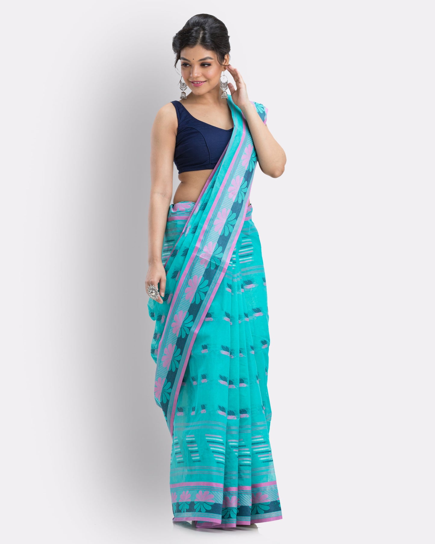 Women's Handwoven, Self Design Tant Cotton Saree (Turquoise)