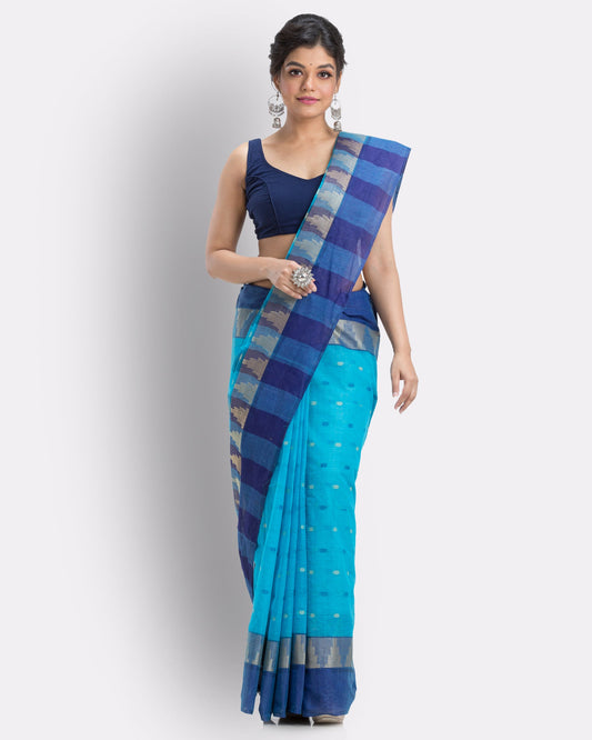Women's Self Temple Design Blue Tant Cotton Saree