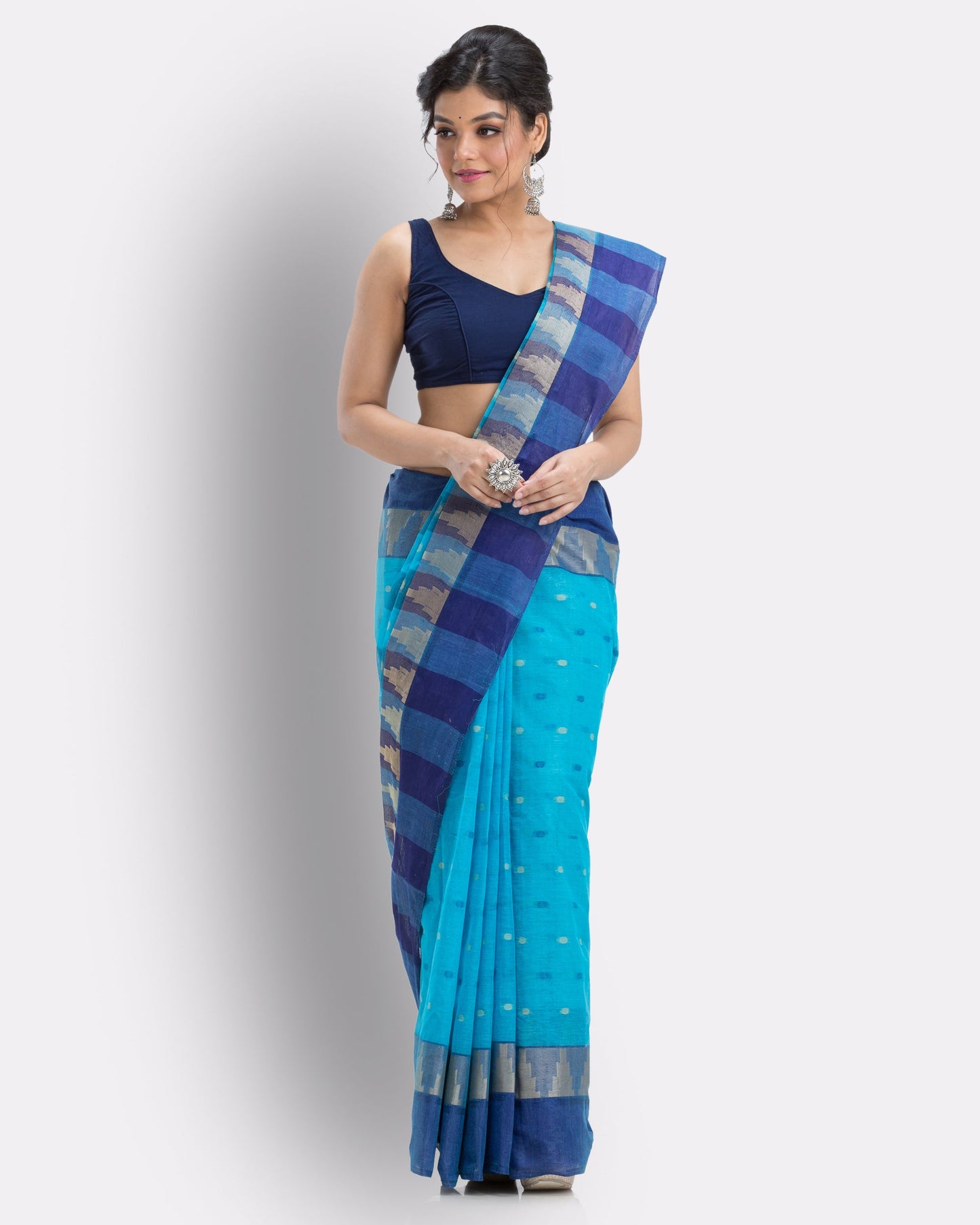 Women's Self Temple Design Blue Tant Cotton Saree