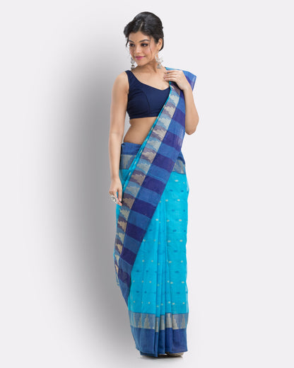 Women's Self Temple Design Blue Tant Cotton Saree