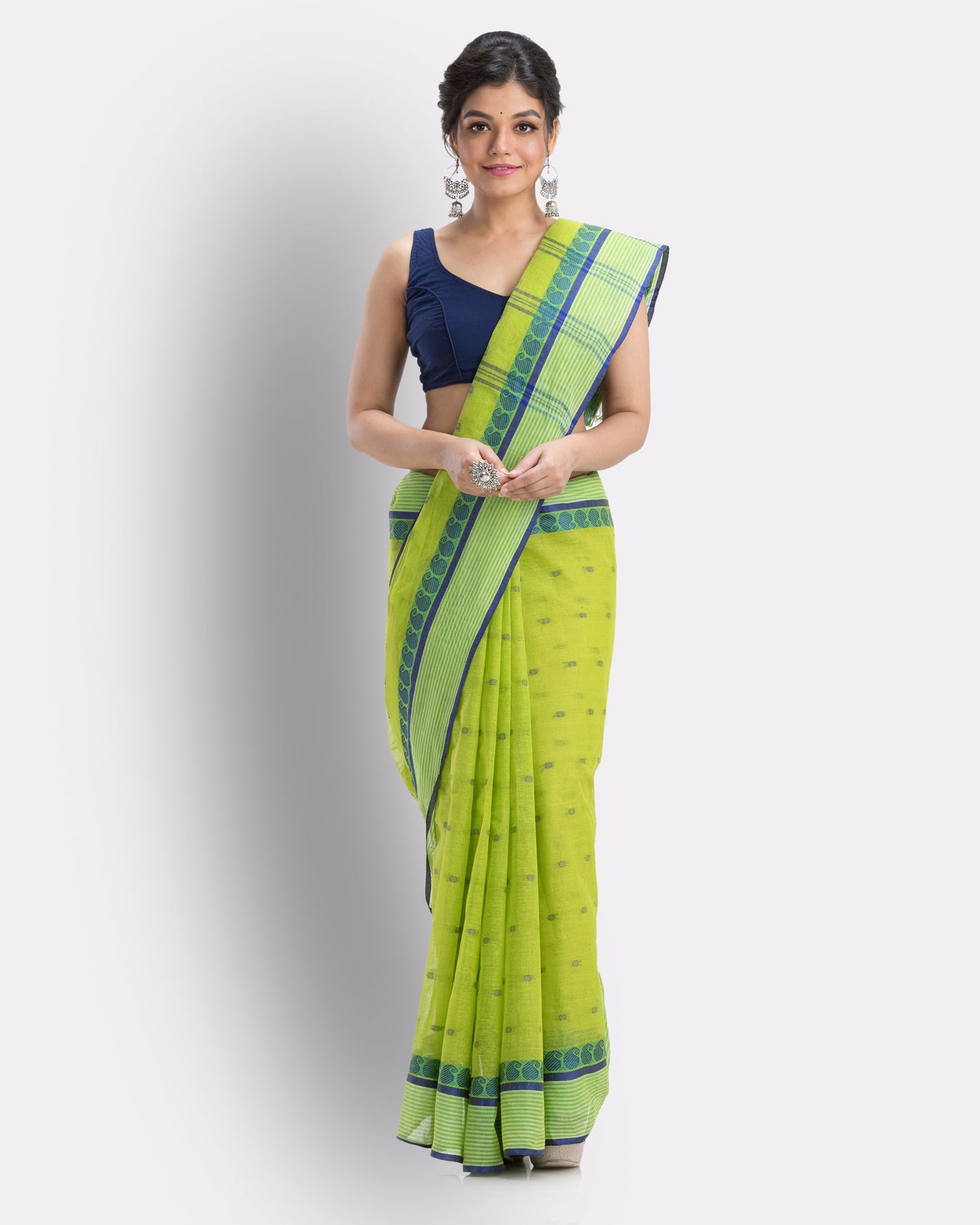 Women's Self Design Tant Cotton Saree (Green)