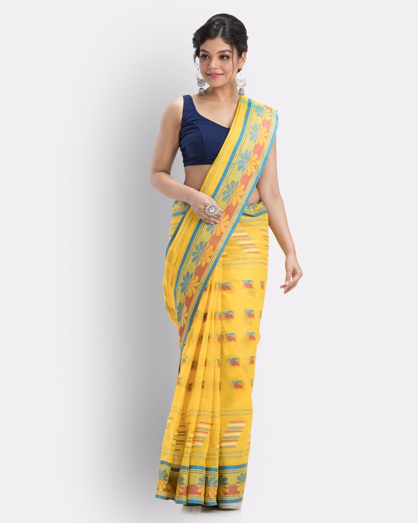 Women's Handwoven, Self Design Tant Cotton Saree (Yellow)