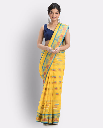 Women's Handwoven, Self Design Tant Cotton Saree (Yellow)