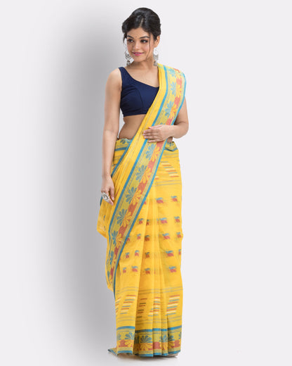 Women's Handwoven, Self Design Tant Cotton Saree (Yellow)