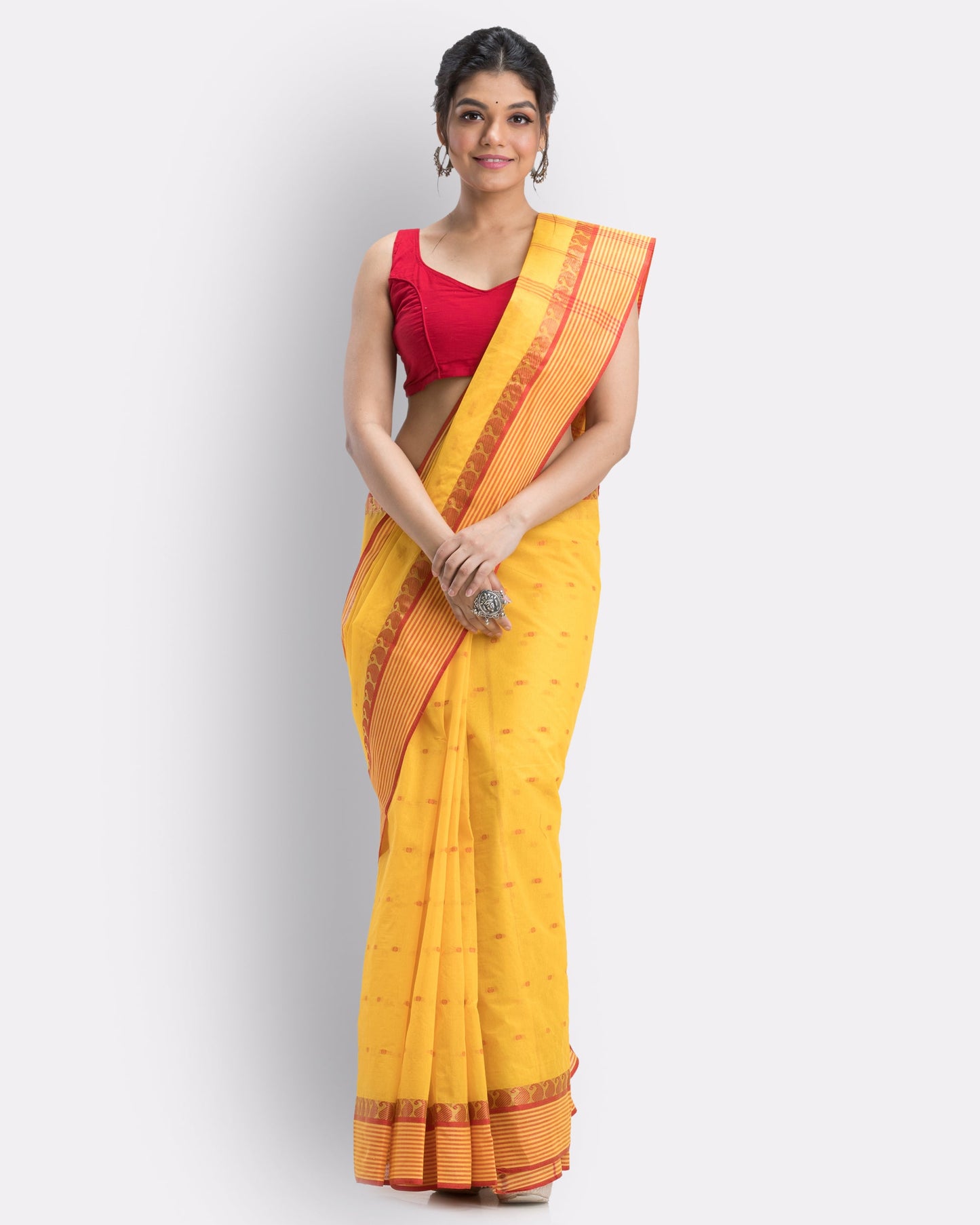 Women's Self Design Tant Cotton Saree (Yellow)