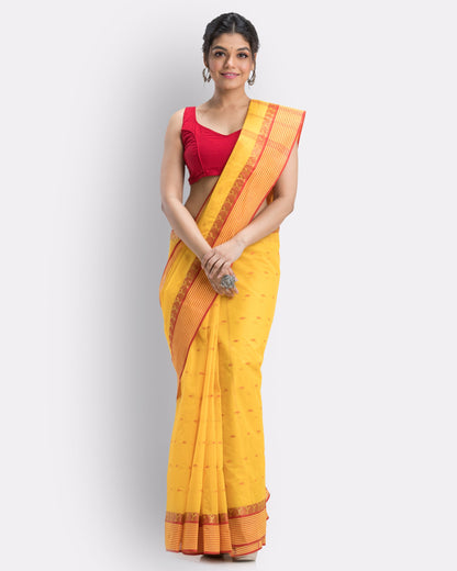 Women's Self Design Tant Cotton Saree (Yellow)