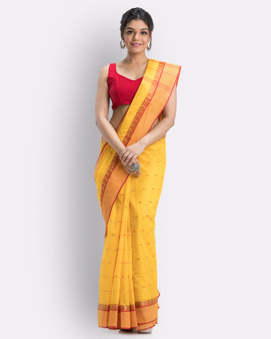 Women's Self Design Tant Cotton Saree (Yellow)