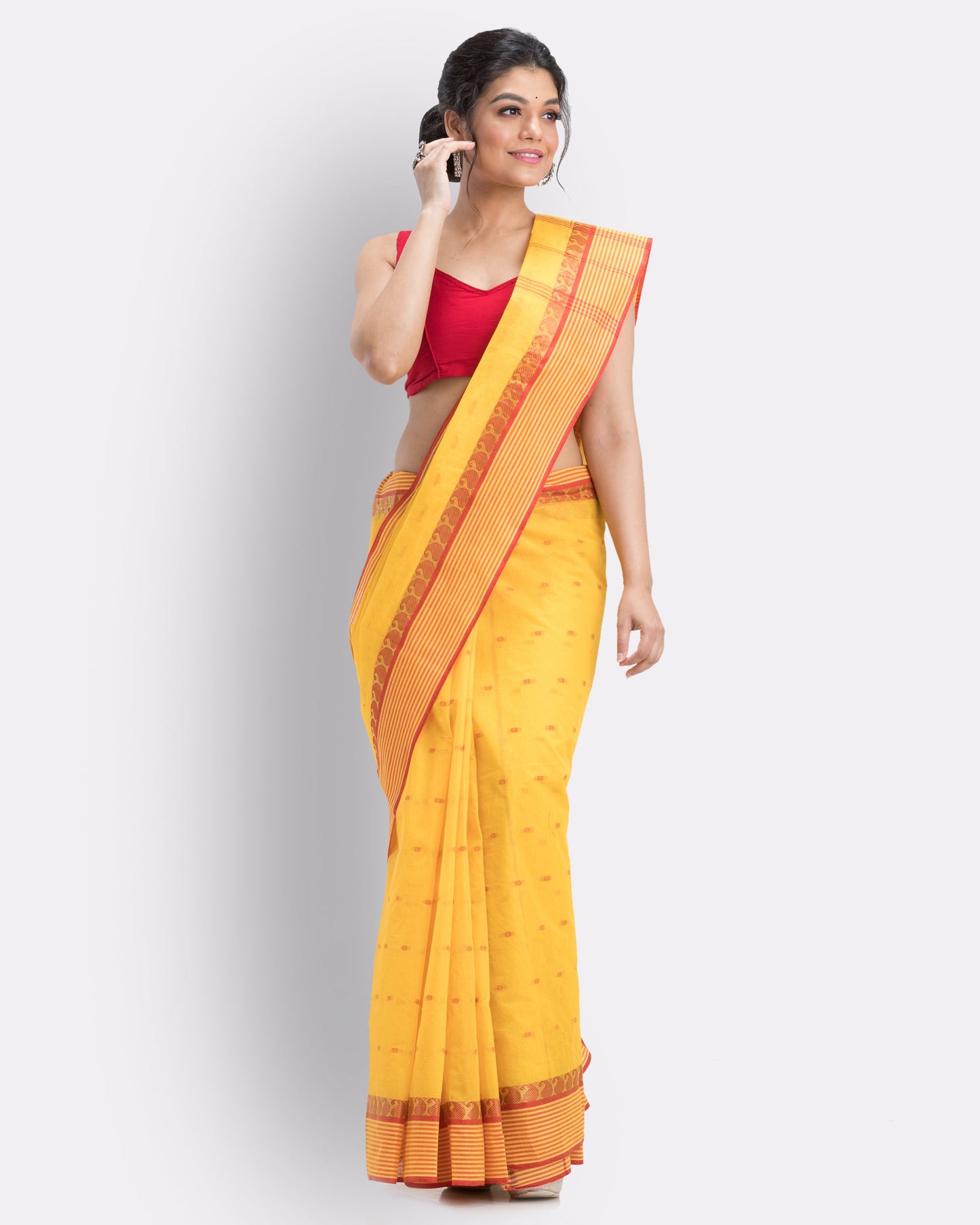 Women's Self Design Tant Cotton Saree (Yellow)